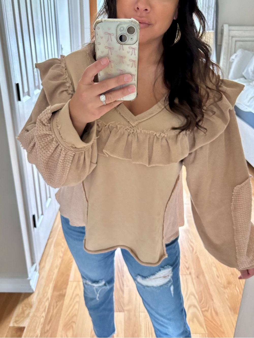 POL tan ruffle balloon sleeve sweatshirt